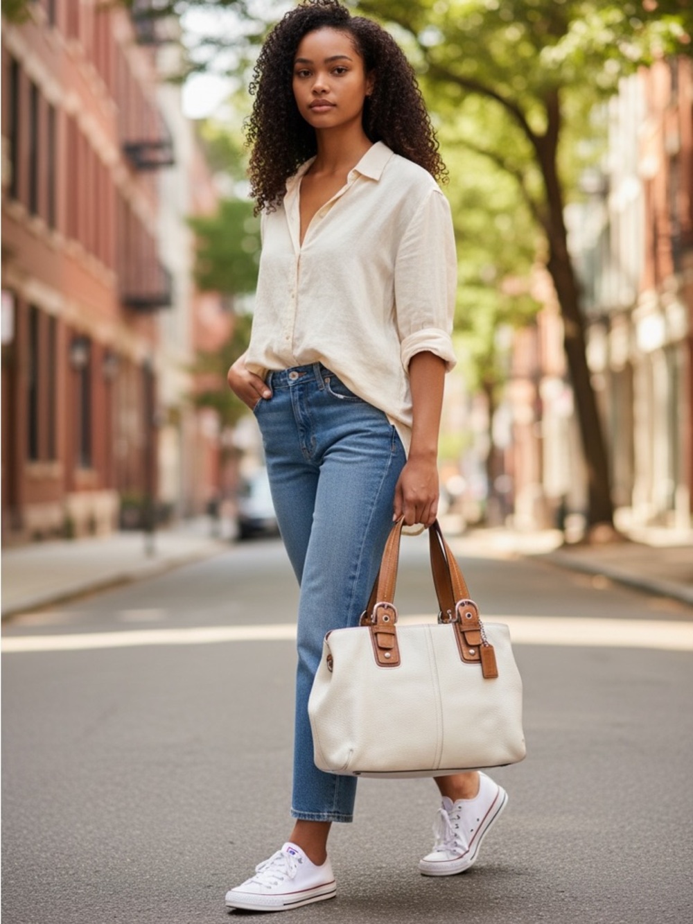 Coach SoHo White Leather Shoulder Bag with Tan Buckle Trim and Matching Wallet - Picture 3 of 16